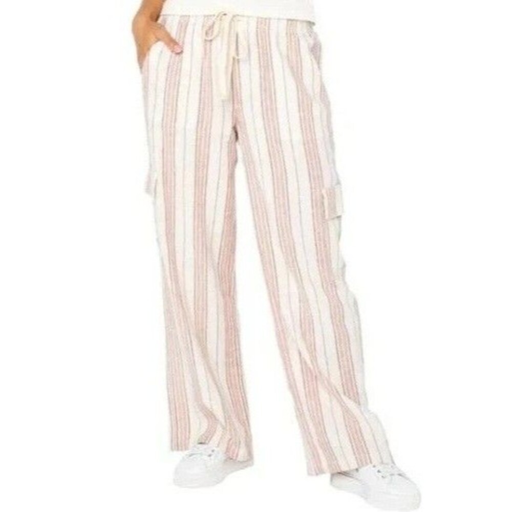 NWT Roxy Striped Linen Blend Cargo Pocket Pants, Pink, Small